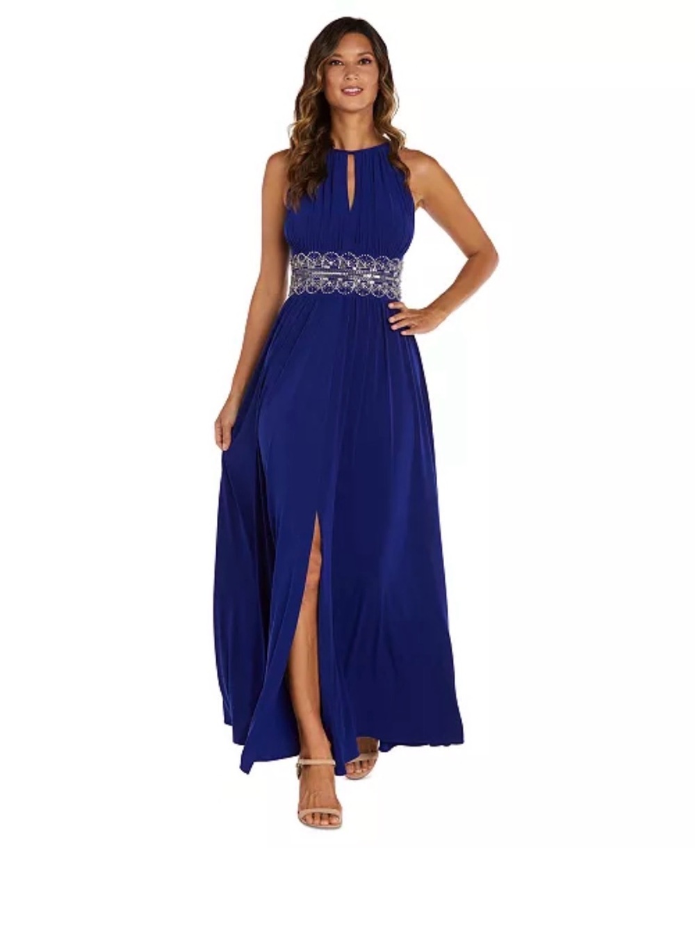 Elegant Royal Blue Halter Evening Gown with Embellished Waist